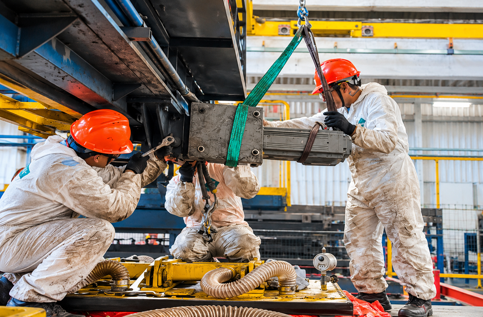 mantenimiento industrial con grúa y operarios